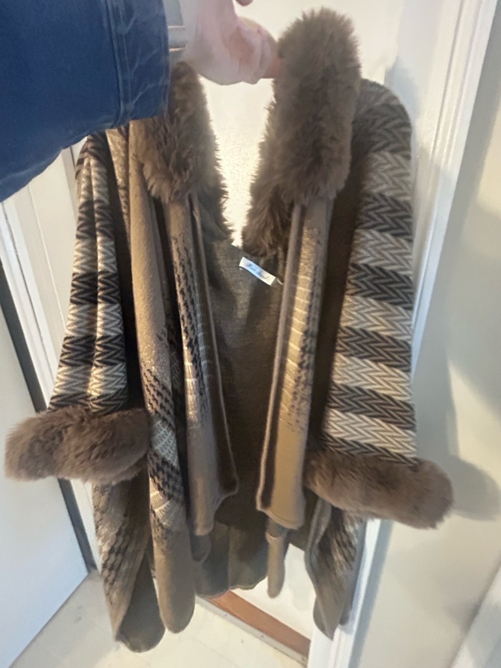 Brown Faux-Fur Trim Women's Poncho Sweater